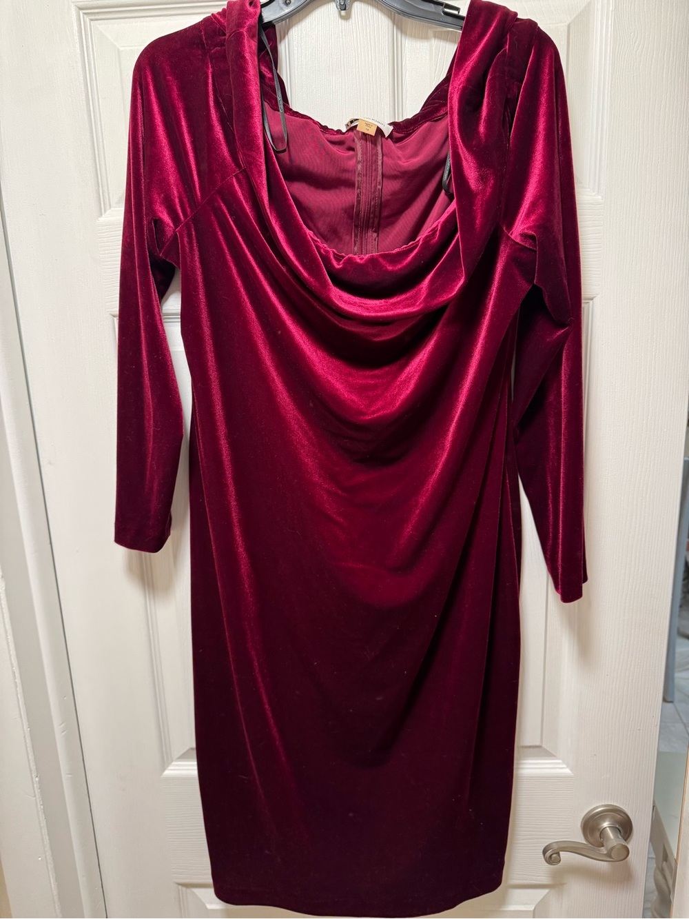 Calvin Klein Long Sleeve Velvet Drape Dress in Wine Red